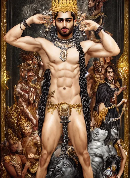 Prompt: muscular Atlantian king Zayn Malik wearing a bejeweled gold heavy crown on his head while shirtless and wearing a heavy gold rapper chain around his neck, a white falcon on his shoulders, steelpunk, ghibli studio, nekro, Tom Bagshaw, Craig Mullins, octane 8k, by brian froud, Trending on ArtStation