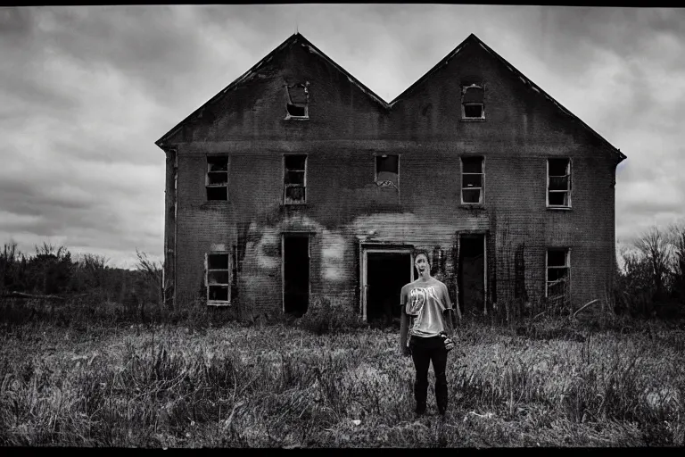 Prompt: a lovecraftian monster, in a field littered with derelict abandoned building being taken back by nature, a high contrast hyper detailed black and white studio portrait photo, shot in area x from the movie annihilation, by beau brashares, pinhole photography