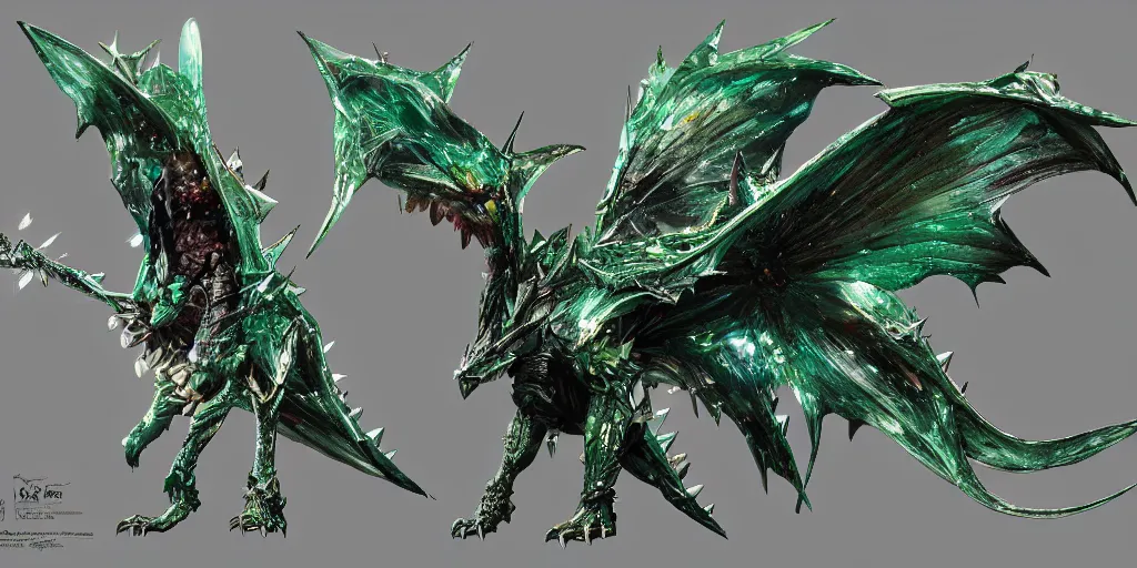 Image similar to Emerald four legged crystal bat, character design sheet, Monster Hunter Illustrations art book, big claws, sharp fangs, huge wings, long tail, iridescent scale patterns, cluster of crystals as spikes on its back, Moebius, Greg Rutkowski, Zabrocki, Karlkka, Jayison Devadas, Phuoc Quan, trending on Artstation, 8K, ultra wide angle, zenith view, pincushion lens effect.