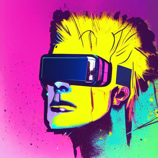 Image similar to illustration of cyberpunk terminator in vr helmet, colorful splatters, by andy warhol and by zac retz and by kezie demessance