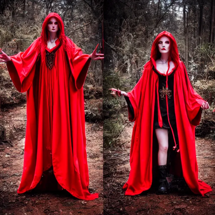 Image similar to photograph of a real-life beautiful red witch with ornate robes. Extremely detailed. 8k