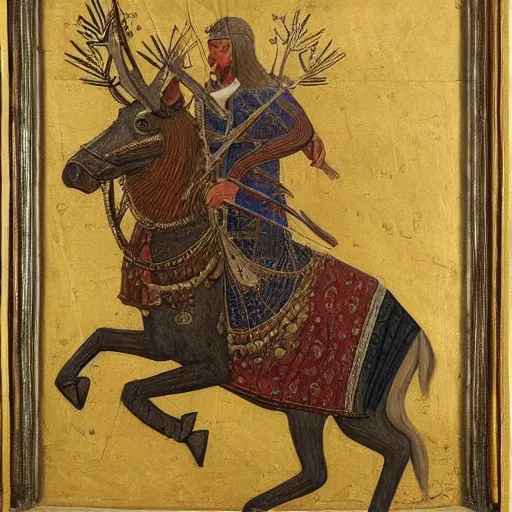 Image similar to painting of the swedish king riding a moose into battle holding a greatsword above his head, carlo crivelli