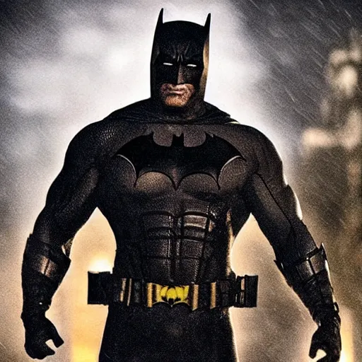 Image similar to Dwayne Johnson as Spiderbatman , under rain, dramatic, sad ambience, an film still