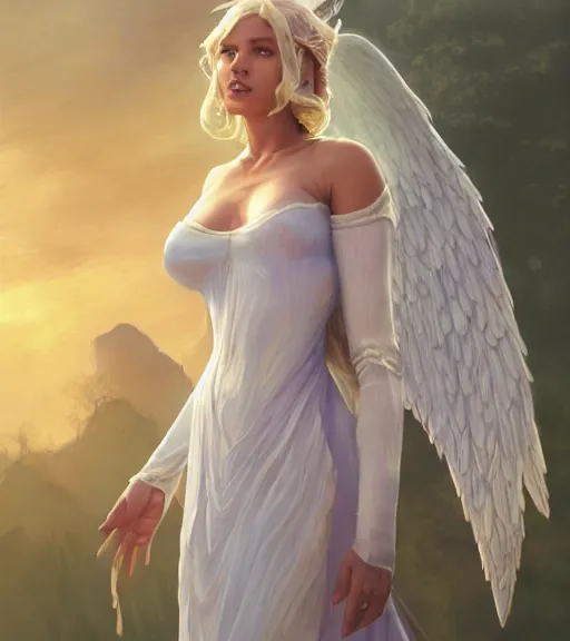 Image similar to angel, full dress, full body portrait, gentle, female, ruins landscape, d & d, fantasy, intricate, elegant, highly detailed, digital painting, white gold color palette, artstation, octane render, concept art, matte, sharp focus, illustration, hearthstone, art by artgerm and greg rutkowski and alphonse mucha