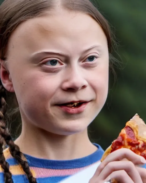 Image similar to film still close - up shot of greta thunberg giving a speech in a train station eating pizza, smiling, the sun is shining. photographic, photography