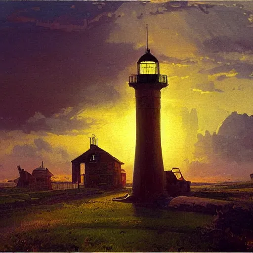 Prompt: painting of syd mead artlilery scifi organic shaped light house with ornate metal work lands on a farm, fossil ornaments, volumetric lights, purple sun, andreas achenbach