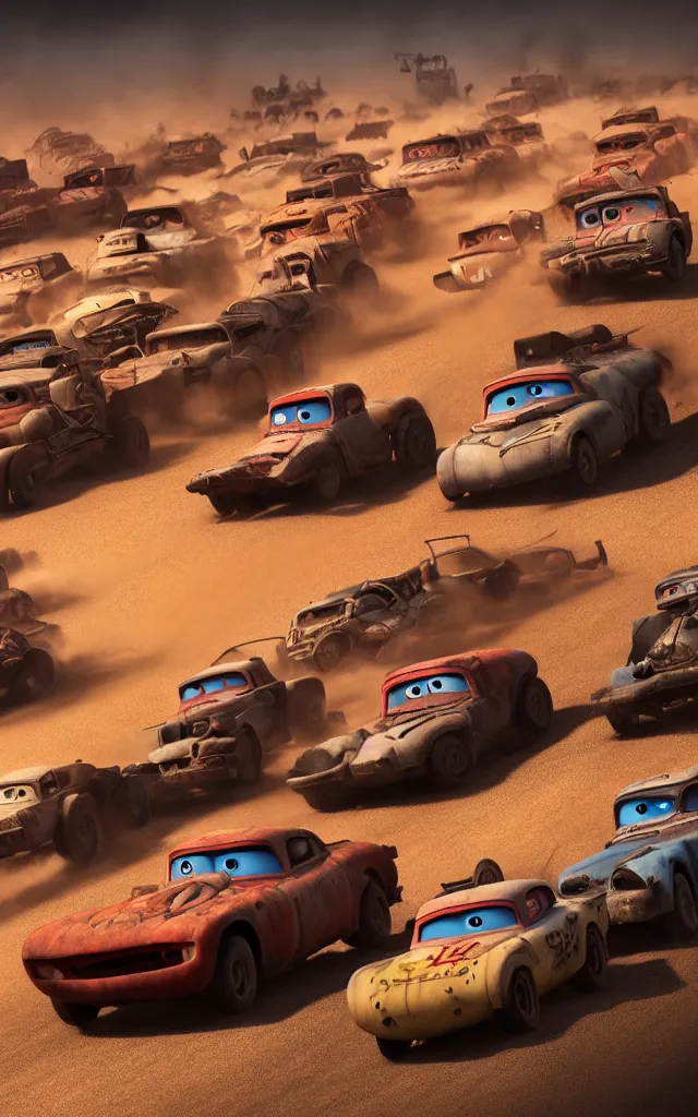 Prompt: pixar cars racing fast in the world of mad max fury road. 8 k hdr. trending on artstation