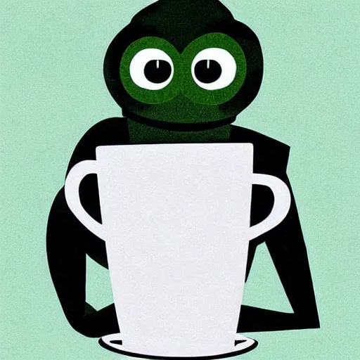 Image similar to Pepe the Frog drinking coffee from a large white mug, simple digital art