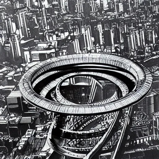 Image similar to A giant mechanical ring hovers horizontally above a city. The sky is dark and cloudy.