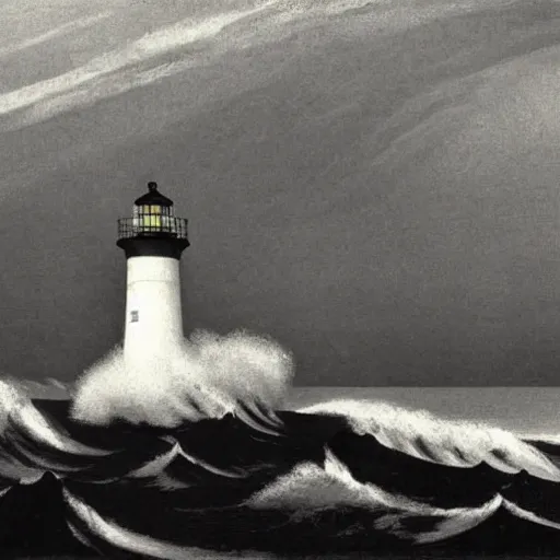 Prompt: an engraving of a storm battering a lighthouse by edward hopper