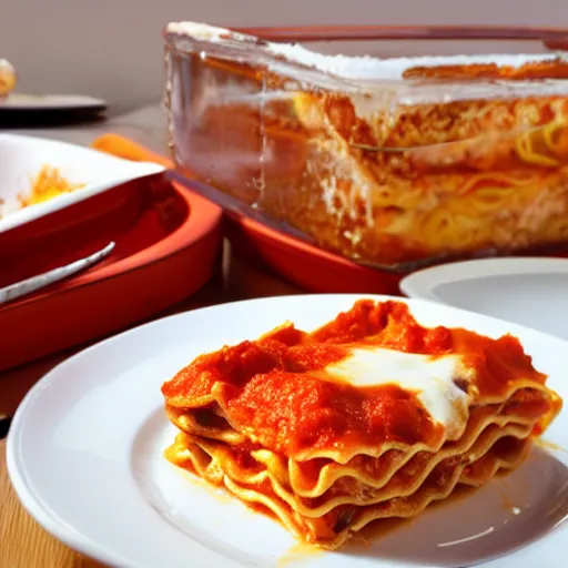 Image similar to orange tabby cat eating lasagna, photo, detailed, 4k