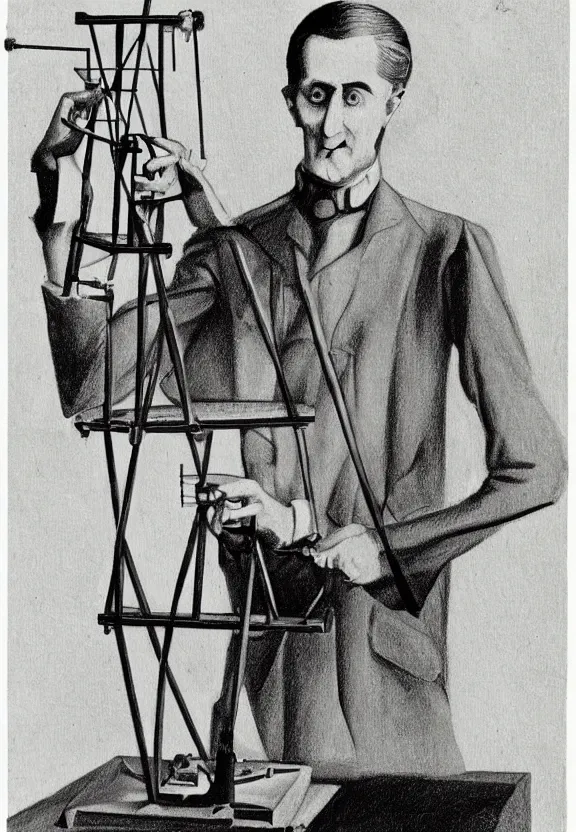 Image similar to a concept drawing of marcel duchamp holding up a chess - piece wire - machine, a surrealist painting by marcel duchamp, complex artificial - intelligence machinery, 1 9 2 0 s