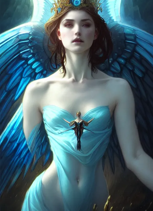 Image similar to a beautiful cinematic female archangel queen, fantasy sea landscape, fantasy magic, short aqua blue black fade hair, dark light night, intricate, elegant, sharp focus, illustration, highly detailed, digital painting, concept art, matte, art by WLOP and Artgerm and Greg Rutkowski and Alphonse Mucha, masterpiece