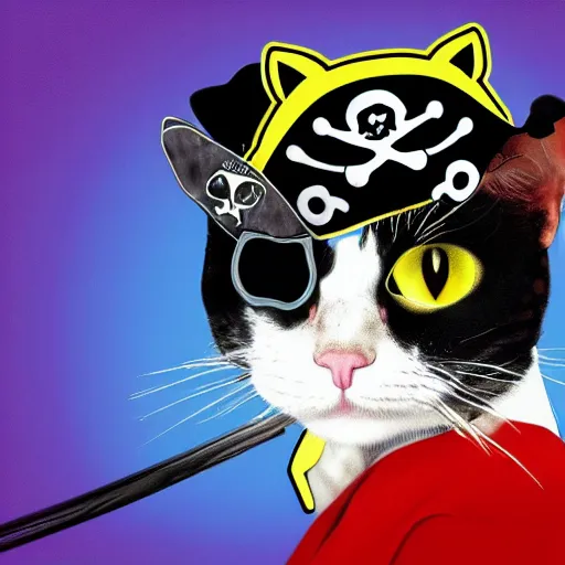 Image similar to extreme wide shot of a pirate cat, wearing an eye patch, pop surrealism, pop art, digital art. by Andy Warhol, wide shot, 4K, trending on artstation