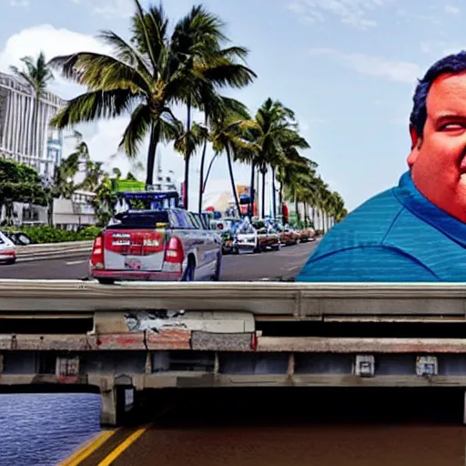 Prompt: oversized gigantic huge chris christie in a hawaiian shirt sitting on top of a bridge, blocking traffic. ap photo. bizarre, surreal photoshop. impossible proportions