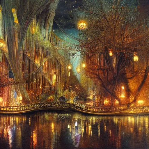 Prompt: A Mystic River, The River Is Full of Lights, Mysticism, Artwork, Watercolor, Cinematic, Exposure, Slit-Scan Photography, 4k, Ultra-HD, Incandescent, Ray Tracing Reflections, insanely detailed and intricate, elegant, ornate, hyper realistic, super detailed by Dorothea Tanning, by Bruce Pennington