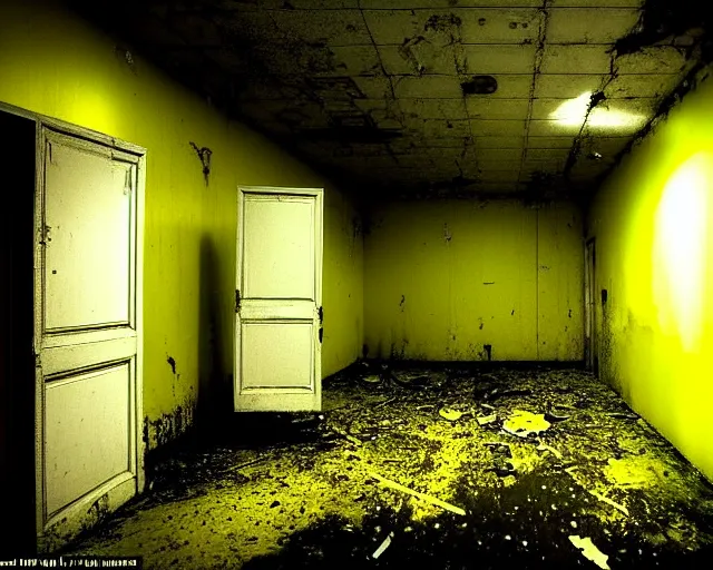 Image similar to the backrooms, the eerie forlorn atmosphere of a place that's usually bustling with people but is now abandoned and quiet, walls with tone of yellow, buzzing fluorescent lights above the ceiling, unsettling images, liminal space, dark