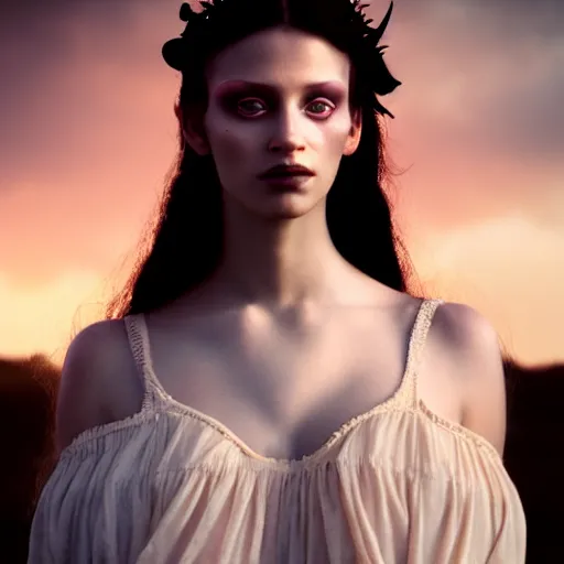 Prompt: photographic portrait of a stunningly beautiful renaissance goth female in soft dreamy light at sunset, contemporary fashion shoot, by edward robert hughes, annie leibovitz and steve mccurry, david lazar, jimmy nelsson, breathtaking, 8 k resolution, extremely detailed, beautiful, establishing shot, artistic, hyperrealistic, beautiful face, octane render