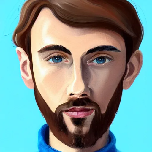 Image similar to gangly man with short light brown wavy hair, light brown stubble beard, no mustache, English heritage, blue eyes, middle aged, wearing a turtleneck and jacket, pale skin, narrow face, digital art, painterly, cartoon, cute, 8k, illustration, art by loish, painterly, trending on artstation, medium shot, uncropped