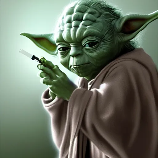 Image similar to Yoda smoking a cigarette, digital art, realistic, artstation, detailed