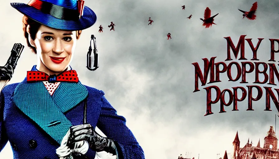 Image similar to mary poppins in resident evil, action film, horror film, cinematic style, 3 5 mm, film post process