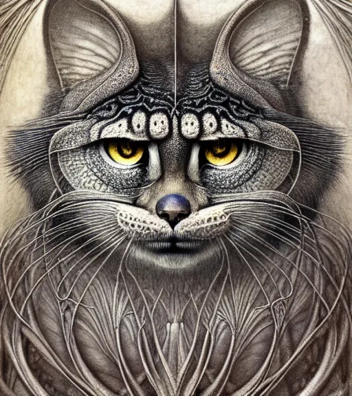 Image similar to detailed realistic beautiful manul portrait by jean delville, gustave dore, iris van herpen and marco mazzoni, art forms of nature by ernst haeckel, art nouveau, symbolist, visionary, gothic, neo - gothic, pre - raphaelite, fractal lace, intricate alien botanicals, ai biodiversity, surreality, hyperdetailed ultrasharp octane render