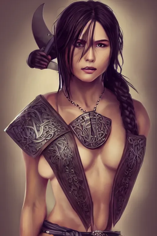 Prompt: heroine, beautiful, full body portrait, thin but strong viking samurai woman, open shirt, 6 pack, symmetrical beautiful face, relaxed pose, ultra detailed, digital art, 8 k, character, realistic, portrait, hyperrealistic