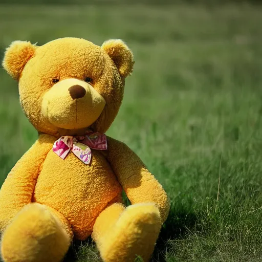 Prompt: a long leg!!! yellow teddy bear, 4 k photo