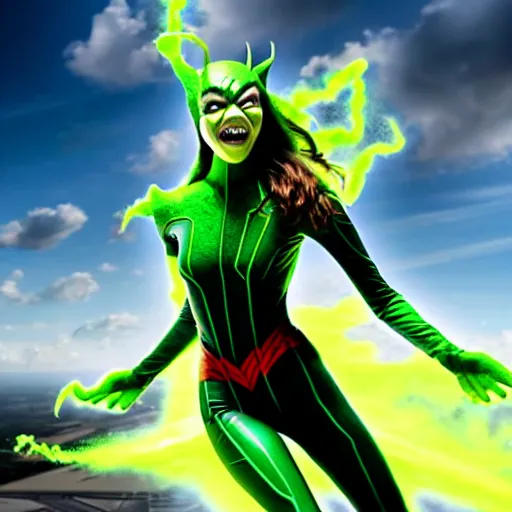 Image similar to anya taylor joy as the green goblin from spiderman flying out of a gas cloud, hyper realistic 4 k high detail uhd