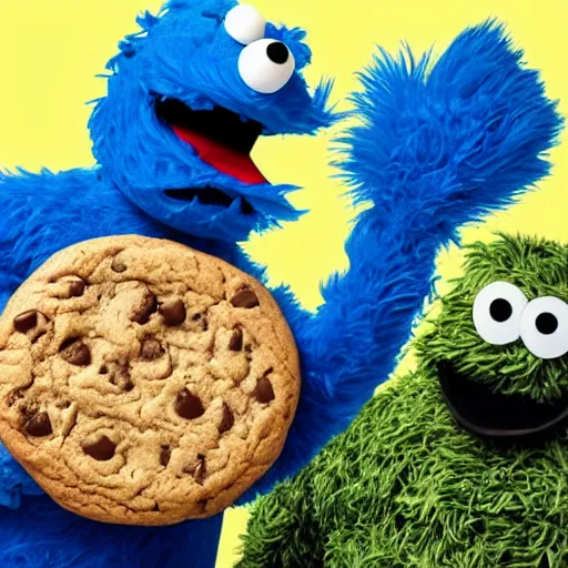 Prompt: a giant humanoid cookie picking up cookie monster and eating him