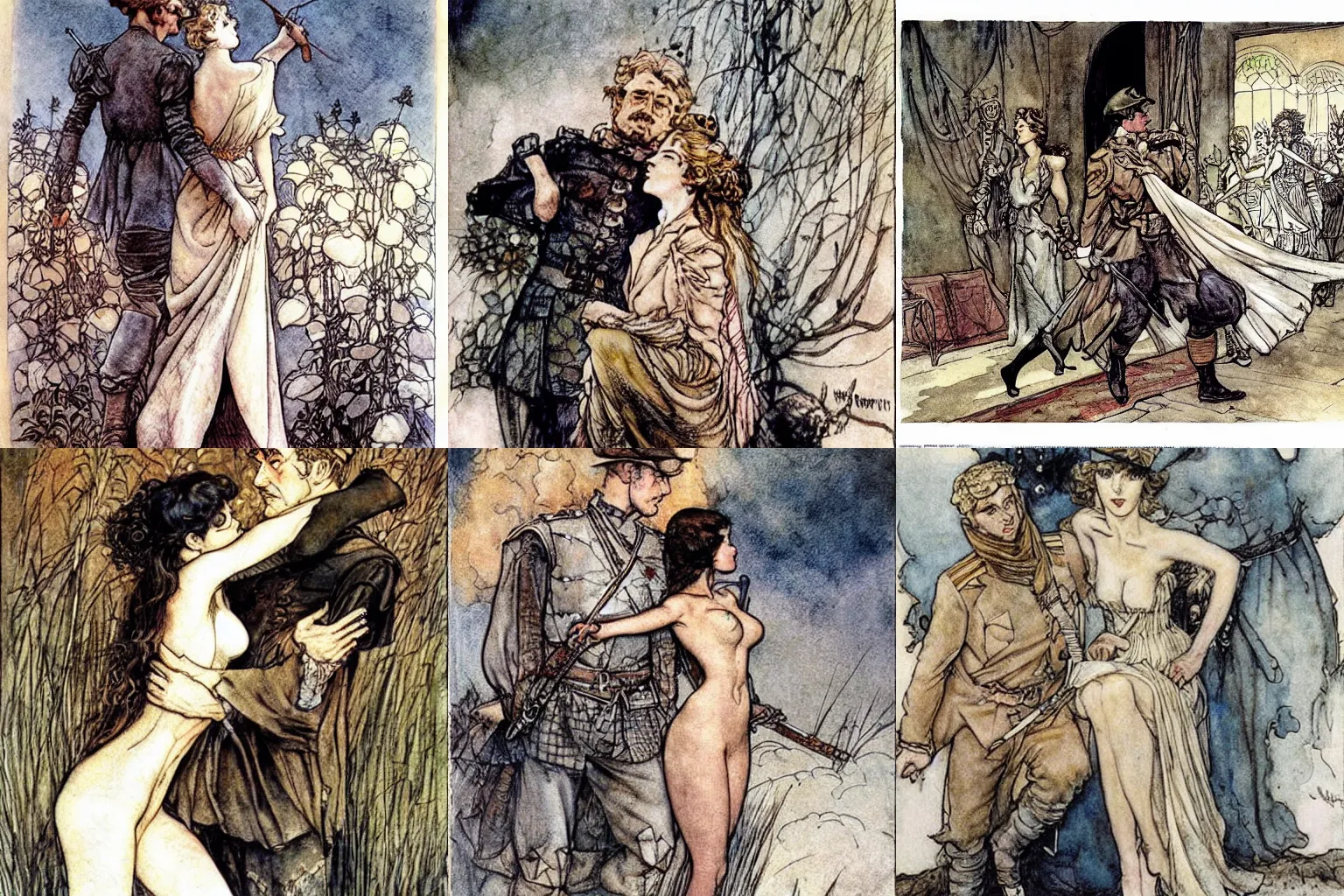 Prompt: war and peace. painting by milo manara and arthur rackham