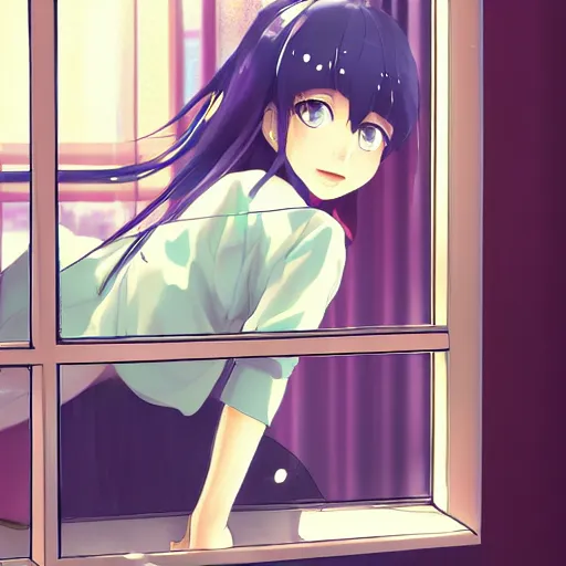 Image similar to portrait of a bored girl sitting at the window of the shinjuku apartment, anime fantasy illustration by tomoyuki yamasaki, kyoto studio, madhouse, ufotable, trending on artstation