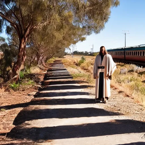 Image similar to jesus waiting for a train at peterborough in south australia