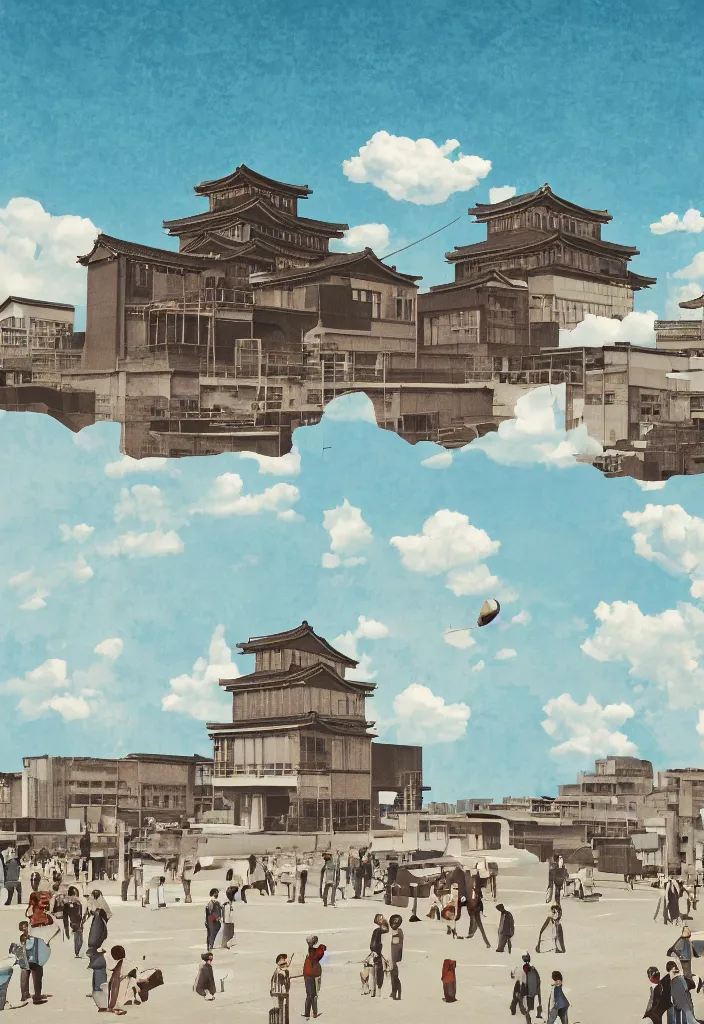 Image similar to sightseeing in hiroshima japan, picturesque view of the atomic bomb dome, a photo collage detailed painting, in the style of wes anderson, lola dupre, david hockney, isolated on negative white space background, volumetric octane render