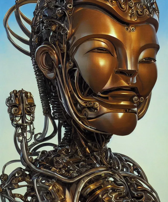 Prompt: perfectly centered portrait, front view of a beautiful biomechanical android alien robot buddha, female, flowing hair, intense stare, sarcastic smile, symmetrical, concept art, intricate detail, volumetric shadows and lighting, realistic oil painting by tim hildebrandt,