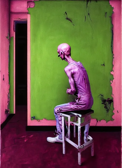 Prompt: a skinny, starving artist wearing overalls, painting the walls inside a grand ornate chernobyl sarcophagus, hauntingly surreal, highly detailed painting by francis bacon, edward hopper, adrian ghenie, gerhard richter, and james jean, soft light 4 k in pink, green and blue colour palette