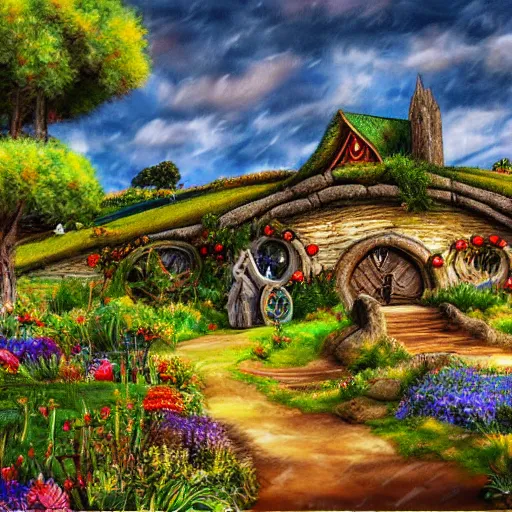 Prompt: hobbiton landscape with huge jewels all around, fantasy, rock, high detail