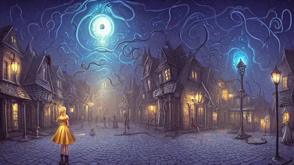 Image similar to lady dressed in short skirt walks in empty lovecraftian town square surrounded by houses and inns.. cthulhu statue.. lovecraftian city at night by cyril rolando and naomi okubo and dan mumford and ricardo bofill.. lovecraft.. cobbled streets.. oil lamp posts.. lovecraftian.. starry night swirly sky.