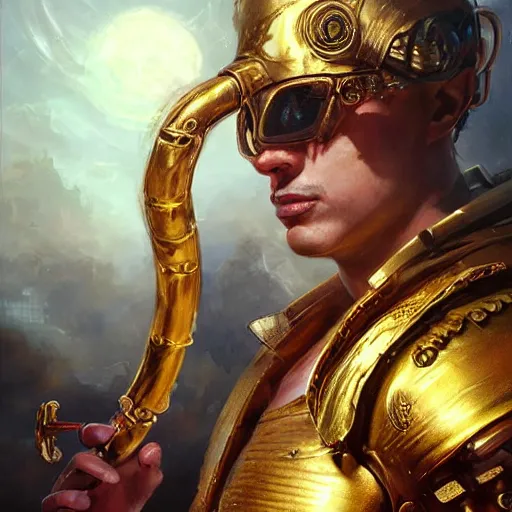 Image similar to stunning portrait of greek argonaut Orpheus wearing a golden lyre, painting by Raymond Swanland, cyberpunk, sci-fi cybernetic implants hq