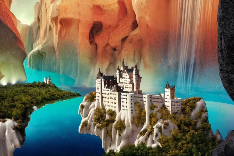 Image similar to neuschwanstein castle on pamukkale thermal waters flowing down gold travertine terraces in royal blue antelope canyon during sakura season on an interstellar aurora borealis with heavy thunder and lightning, pink waterfalls, rainbow, by peter mohrbacher, james jean, james gilleard, greg rutkowski, vincent di fate, rule of thirds, octane render, beautiful landscape