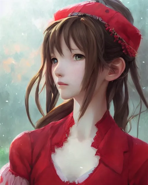 Image similar to aerith gainsborough in red cottagecore dress, portrait, illustration, rim light, top light, perfectly shaded, winter, slight overcast lighting, soft painting, art by krenz cushart and wenjun lin