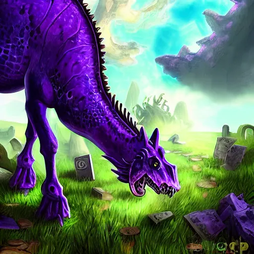 Image similar to violet fantasy crocodile horse hybrid, graveyard background, hearthstone coloring style, epic fantasy style art, fantasy epic digital art