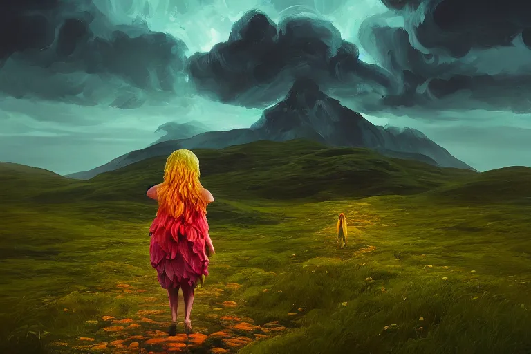 Image similar to giant dahlia flower as a head, girl walking on mountain, surreal photography, stars, dramatic light, impressionist painting, storm clouds, digital painting, artstation, simon stalenhag