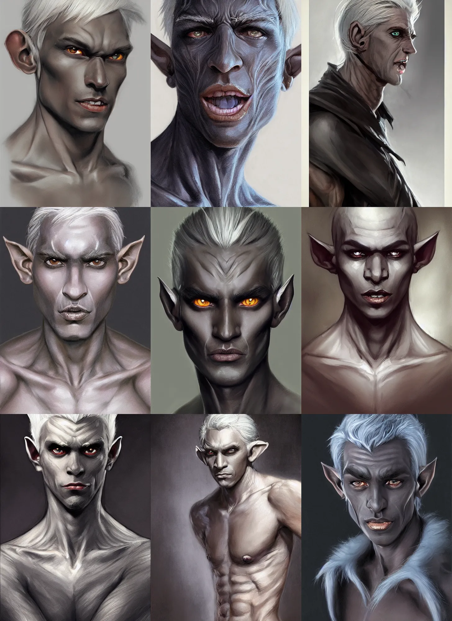 Prompt: a portrait of a dark drow elf male, mediumlong length slick white hair, charcoal skin, smooth skin, young adult in with late twenties, happy, pointed chin, charcoal color skin, curious expression, style by donato giancola, wayne reynolds, jeff easley dramatic light, high detail, cinematic lighting, artstation, dungeons and dragons