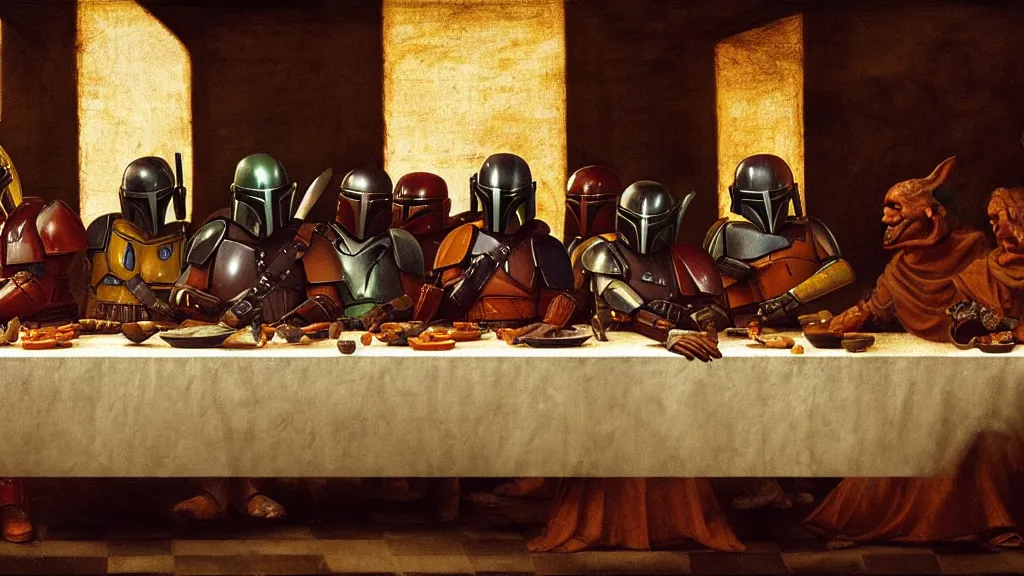 Image similar to mandalorian last supper, by leonardo davinci, concept art, oil painting, art station, dynamic lighting, highly detailed, very detailed, 4 k