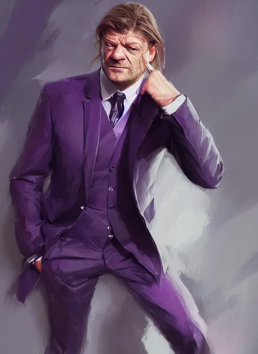 Prompt: sean bean wearing a dark purple suit, elegant, digital painting, concept art, smooth, sharp focus, illustration, by ruan jia and mandy jurgens and artgerm and william - adolphe bouguerea