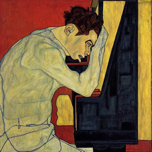 Image similar to painting of a man sitting at a grand piano, but not playing. he's looking into the void. by schiele