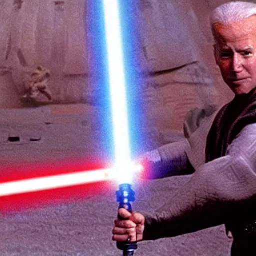 Image similar to a still from star wars : the phantom menace, showing joe biden!!! as a jedi, having a lightsaber duel with spider - man