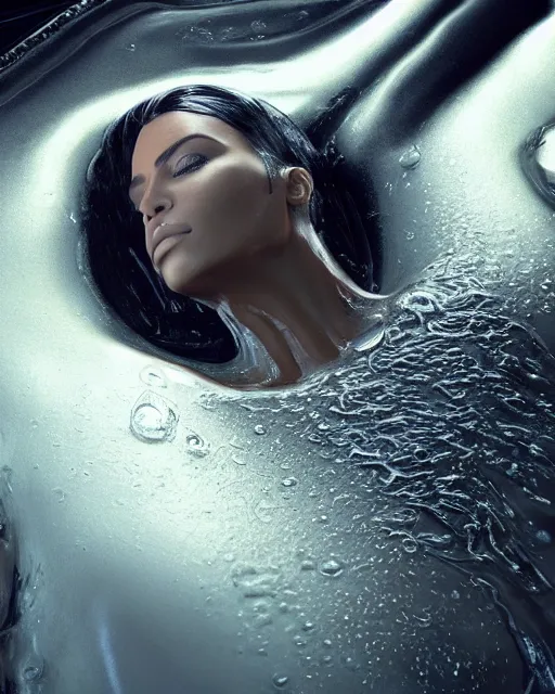 Prompt: cinematic full - body - shot still of kim kardashian unconscious in a transparent alien liquid, wet flowing hair, gooey skin, illustration, unreal engine 5, 8 k, made by h. r. giger.