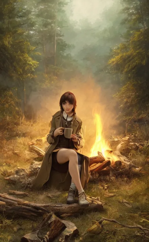 Image similar to a girl from final fantasy live action, with short black hair and green eyes in a tan trenchcoat sitting on a log and drinking tea by the campfire by her dieselpunk motorcycle at night, award winning, masterpiece digital painting by greg rutkowski, alex grey, artstation, 4 k wallpaper